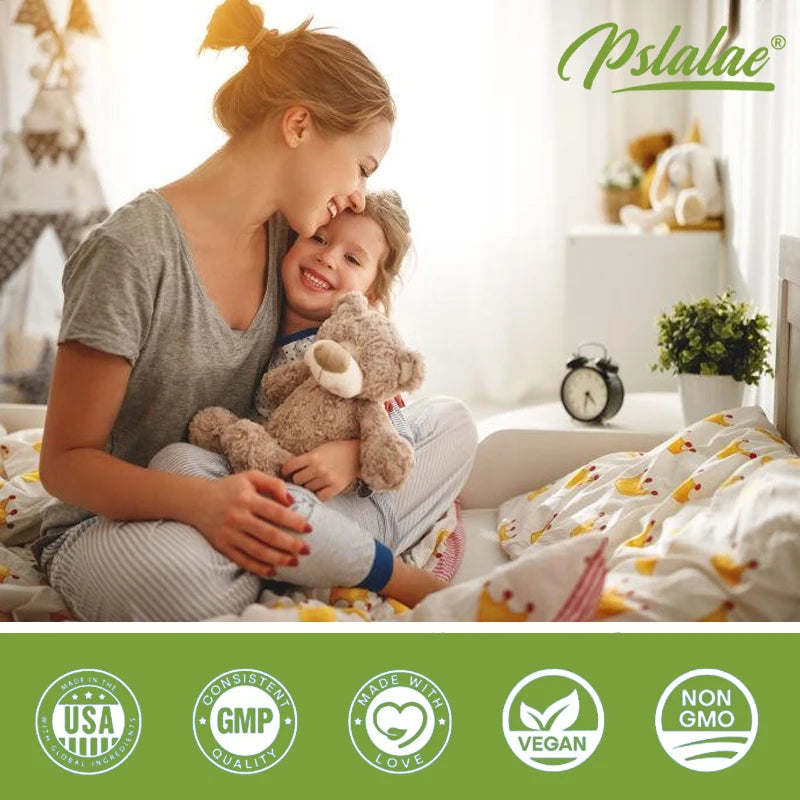 Woman and child in bed with teddy bear, brand logo and certification icons at the bottom.
