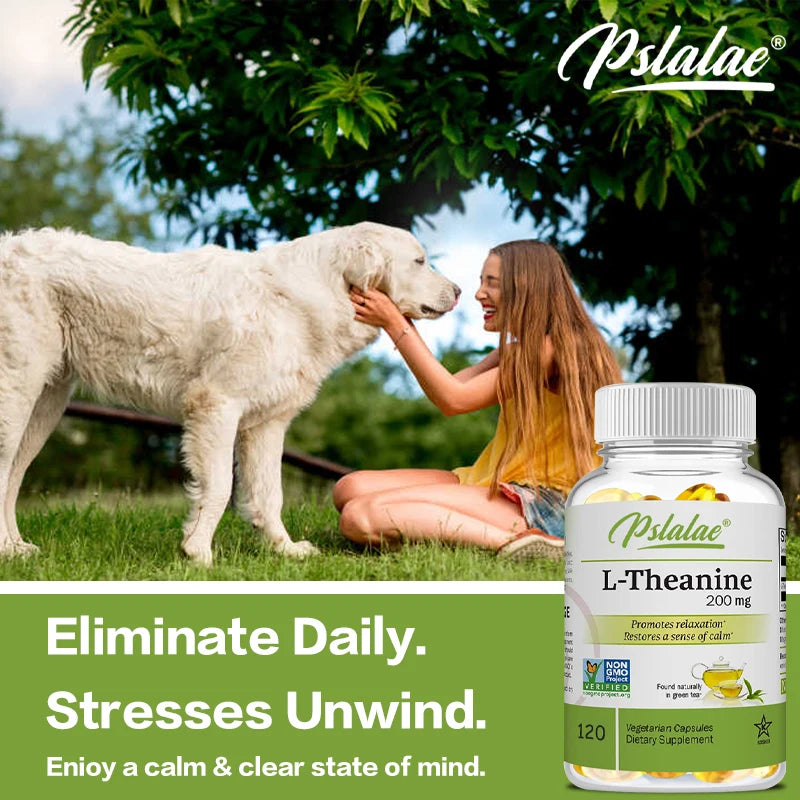 Woman petting a dog with a bottle of L-Theanine supplement in the foreground.