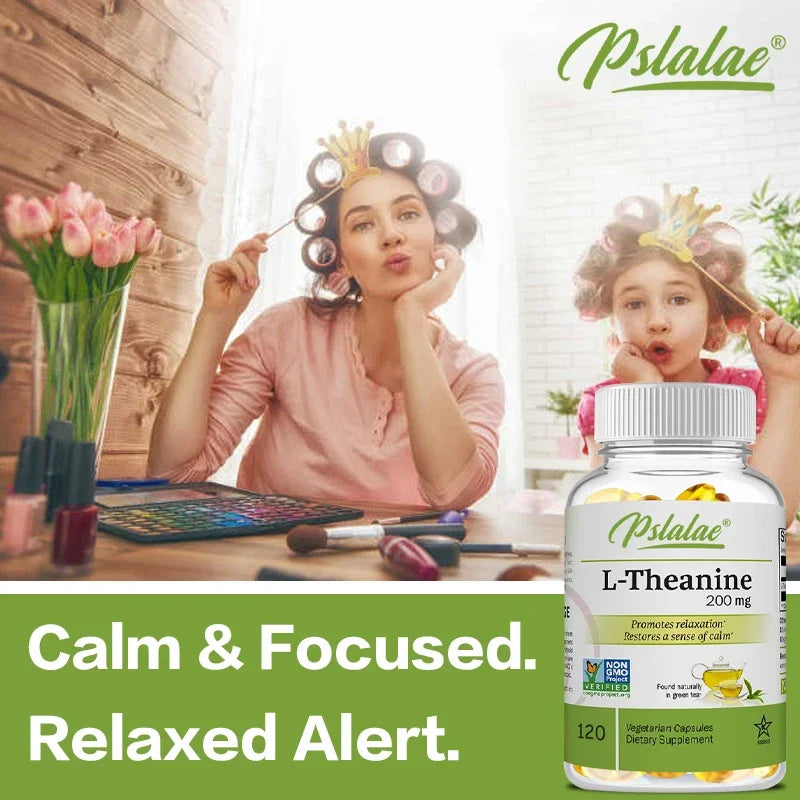 Woman with curlers and child playing with hair, L-Theanine supplement bottle, and text 'Calm & Focused. Relaxed Alert.