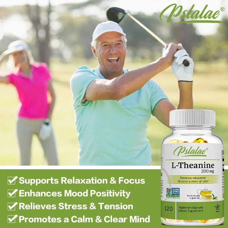 Man playing golf with a bottle of L-Theanine supplement in the foreground.