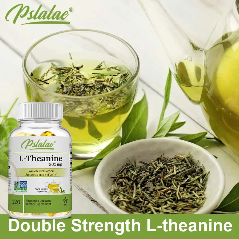 L-Theanine double strength supplement bottle with tea leaves, glass of tea, and teapot on a white background