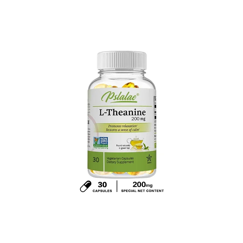 Vitamins, Amino Acid bottle labeled 'L-Theanine' with a white background.