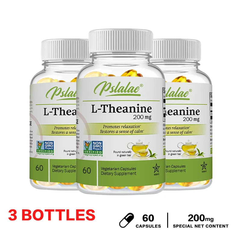 Three bottles of Pstalae L-Theanine 200 mg dietary supplements on a white background