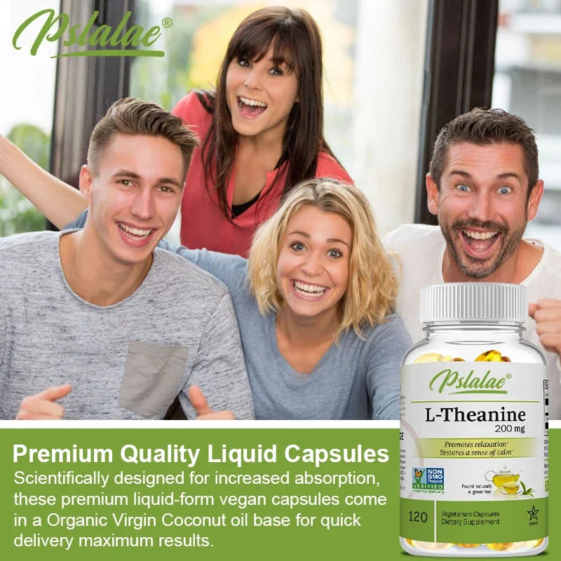 Group of people posing with a bottle of Psalae L-Theanine supplement.
