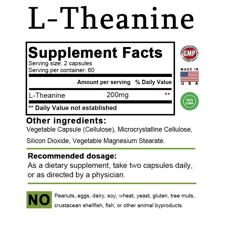 L-Theanine supplement facts label with certification logos on a white background
