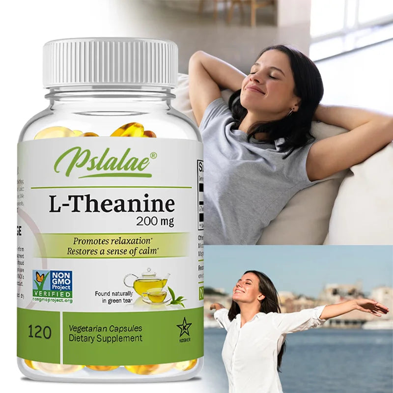 L-Theanine supplement bottle with a woman relaxing and another by water