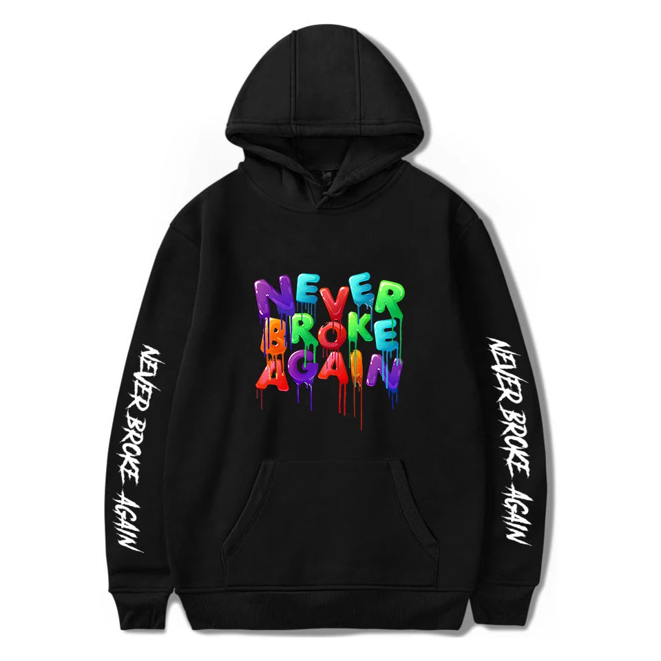 Black hoodie with colorful 'Never Broke Again' text on a white background
