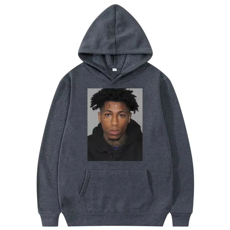 NBA YoungBoy mugshot hoodie with front portrait print, unisex pullover in 5 colors (S–4XL) for trap music and hip‑hop fans