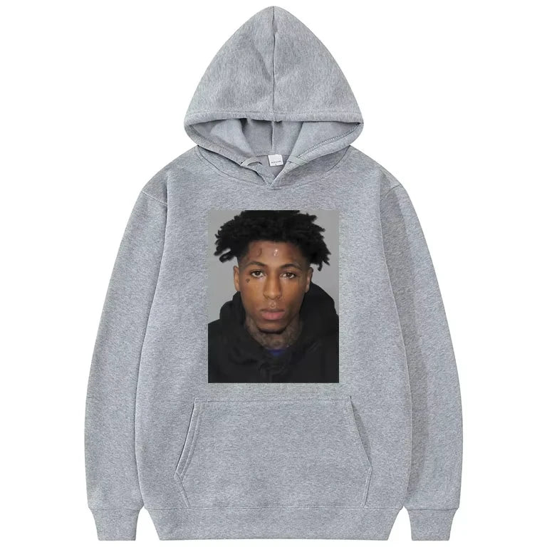 NBA YoungBoy mugshot hoodie with front portrait print, unisex pullover in 5 colors (S–4XL) for trap music and hip‑hop fans