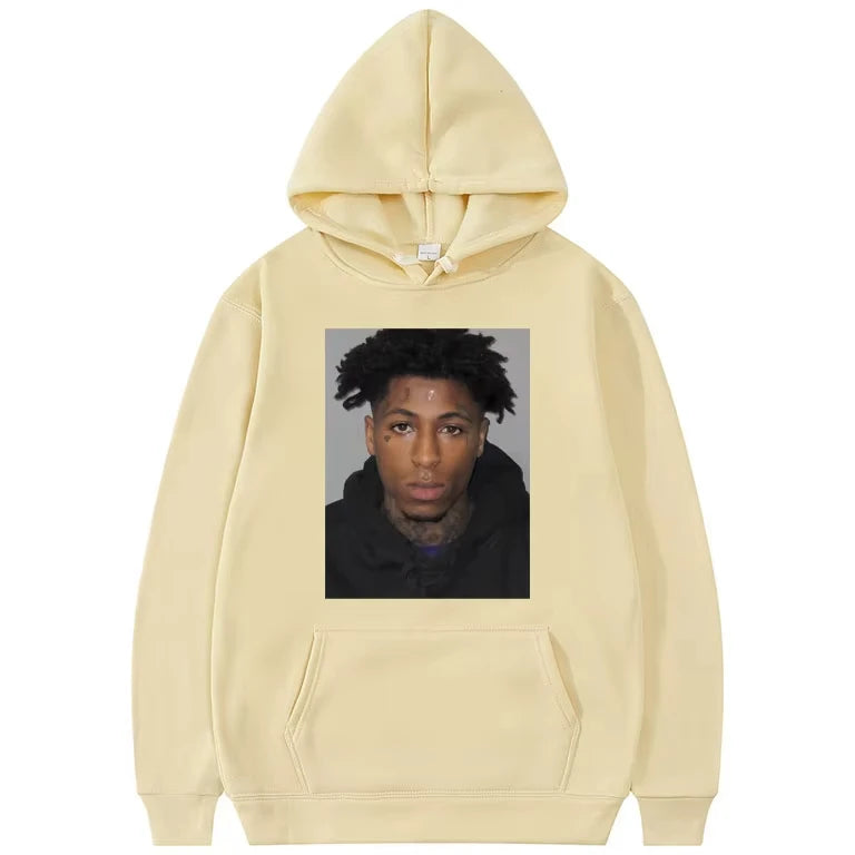 NBA YoungBoy mugshot hoodie with front portrait print, unisex pullover in 5 colors (S–4XL) for trap music and hip‑hop fans