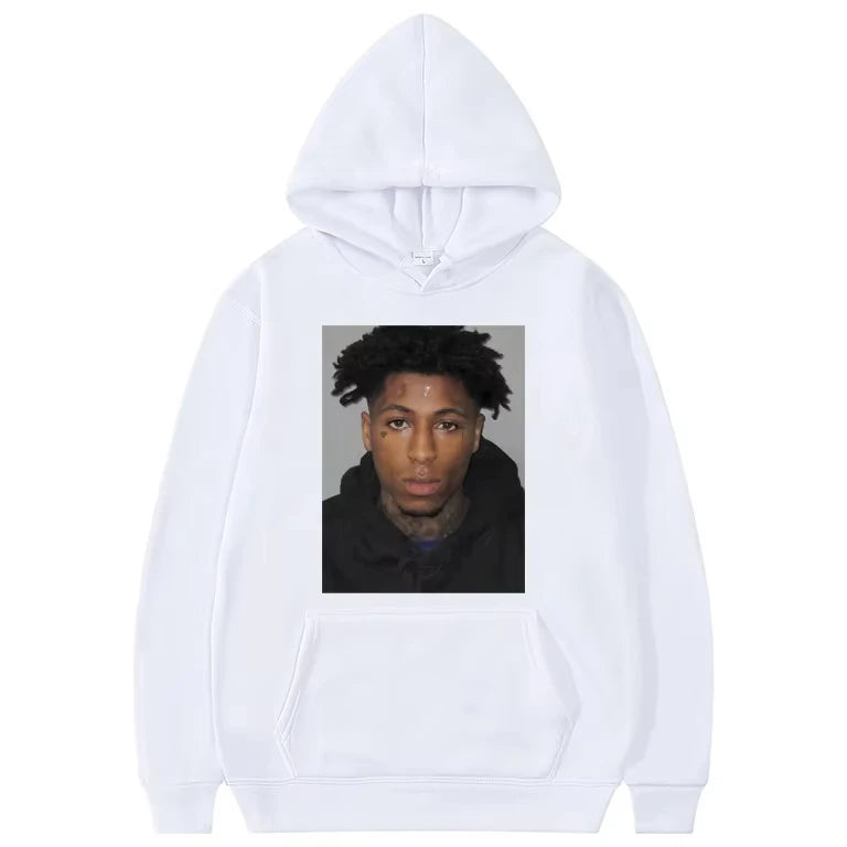 NBA YoungBoy mugshot hoodie with front portrait print, unisex pullover in 5 colors (S–4XL) for trap music and hip‑hop fans