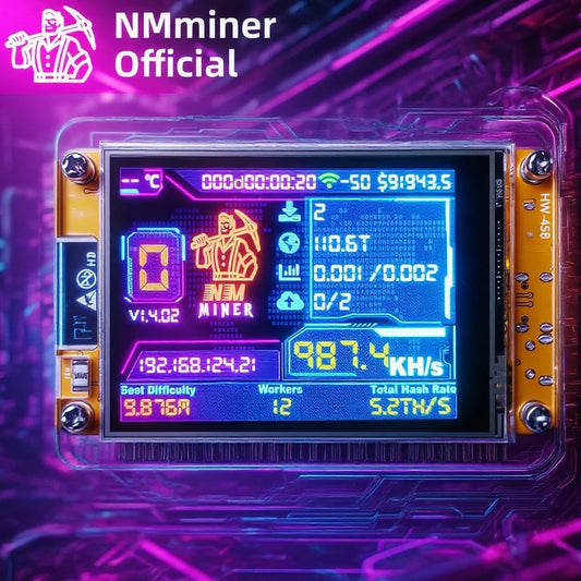 NMminer device with digital display on a purple and pink gradient background