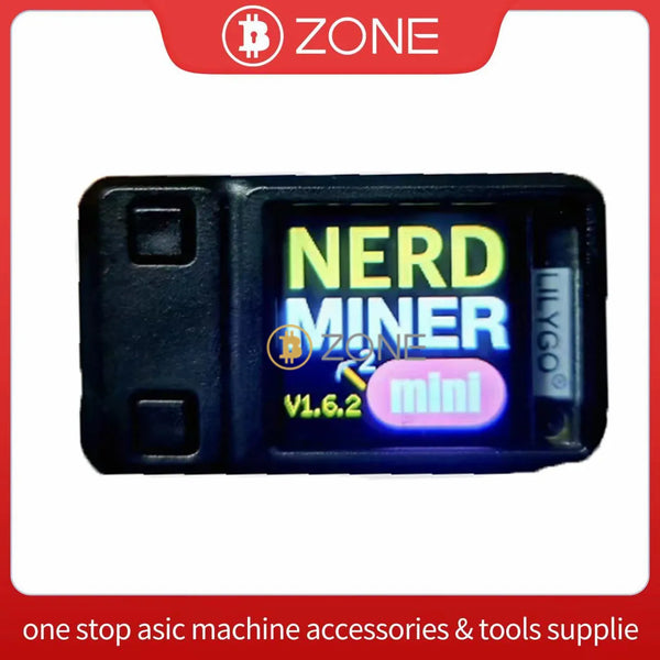 Black device labeled 'Nerd Miner' with colorful text on a white background. With Bitcoin logo.