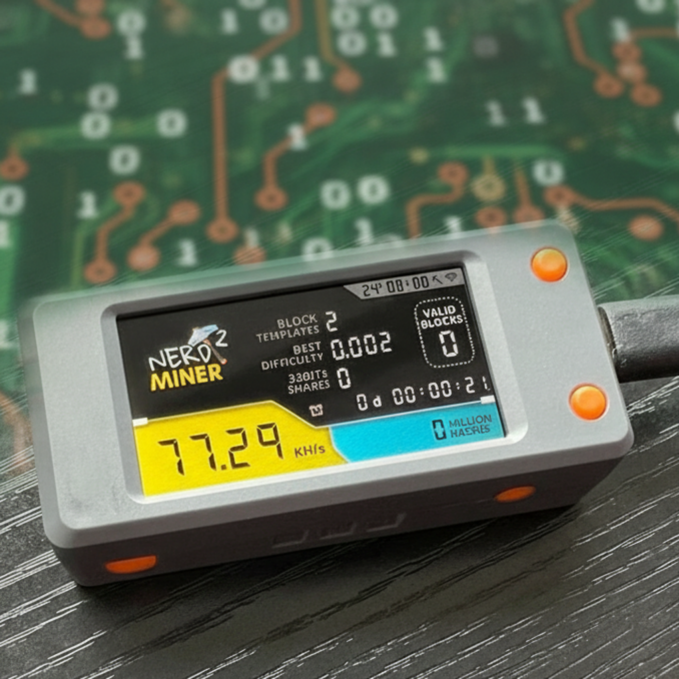 Activated Nerd Miner S3 displaying all Bitcoin Mining metrics like block template, best difficulty, hashrate, hashes, blocks mined and valid blocks. over a split background with a grey table surface at the bottom and circuit dev board above.