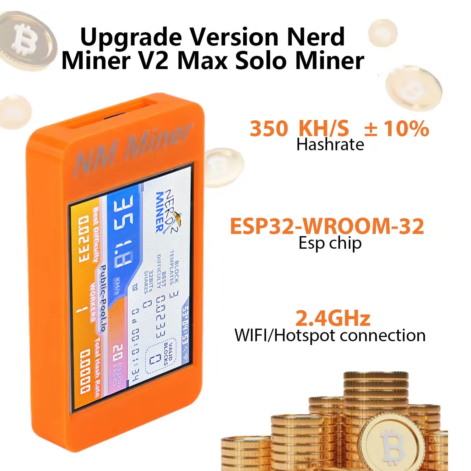 Compact ESP32-based Bitcoin miner surrounded by statistics and Crypto BTC imagery with low 0.8W consumption.