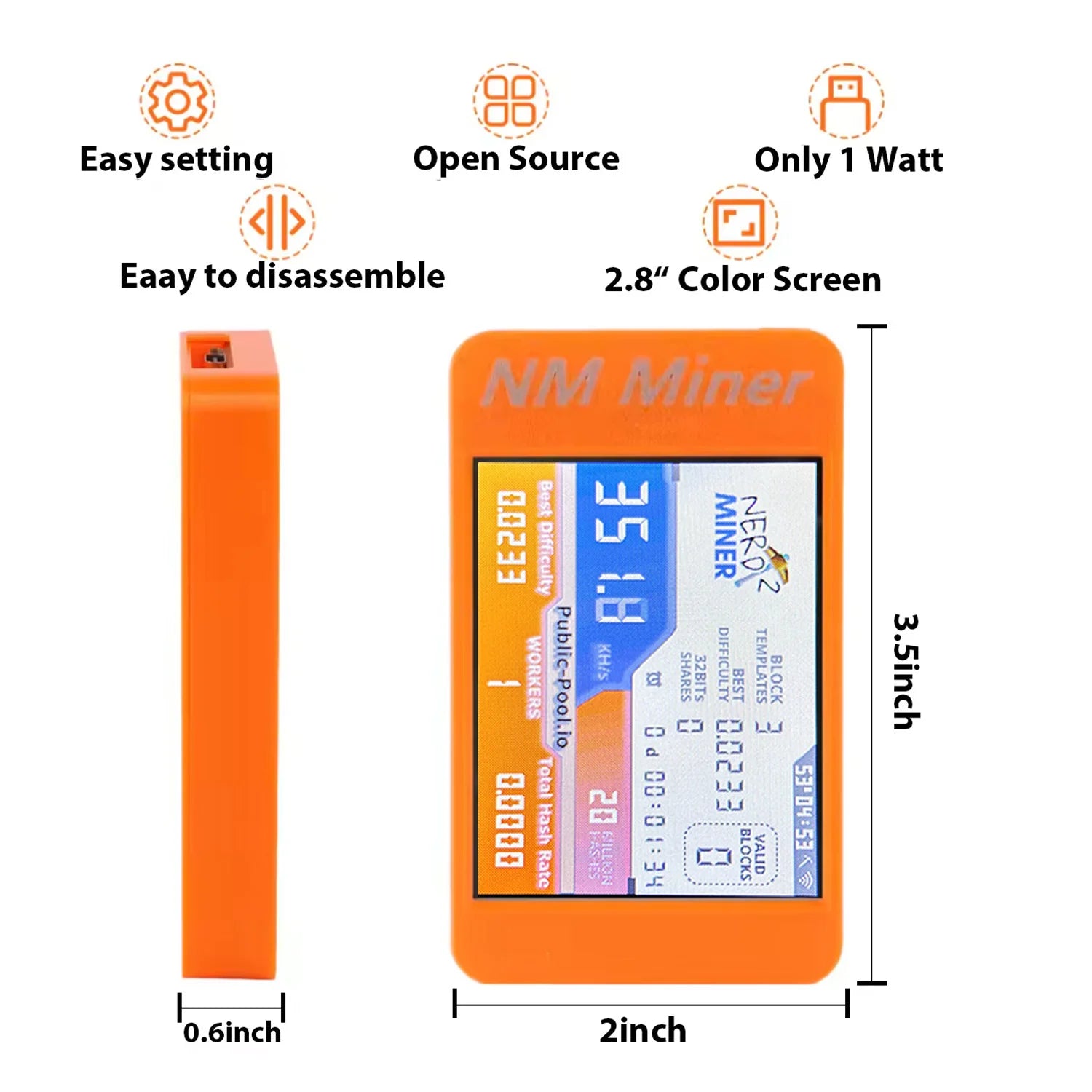 NerdMiner V2 2.8-inch smart display showing real-time Bitcoin mining hashrate and block data.