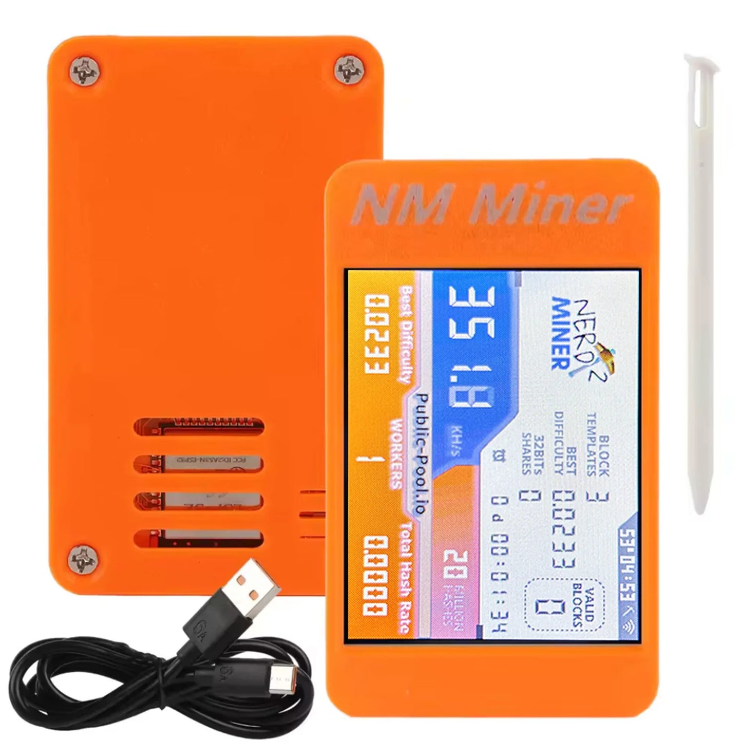 Close-up of the ESP32-2432S028R board and cooling setup on the NerdMiner V2.