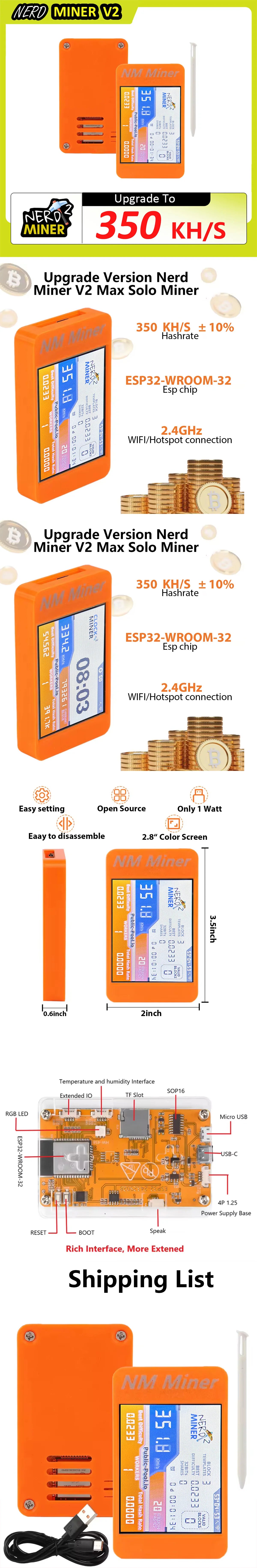 NerdMiner V2 2.8-inch smart display showing specs and real-time Bitcoin mining hashrate and block data.