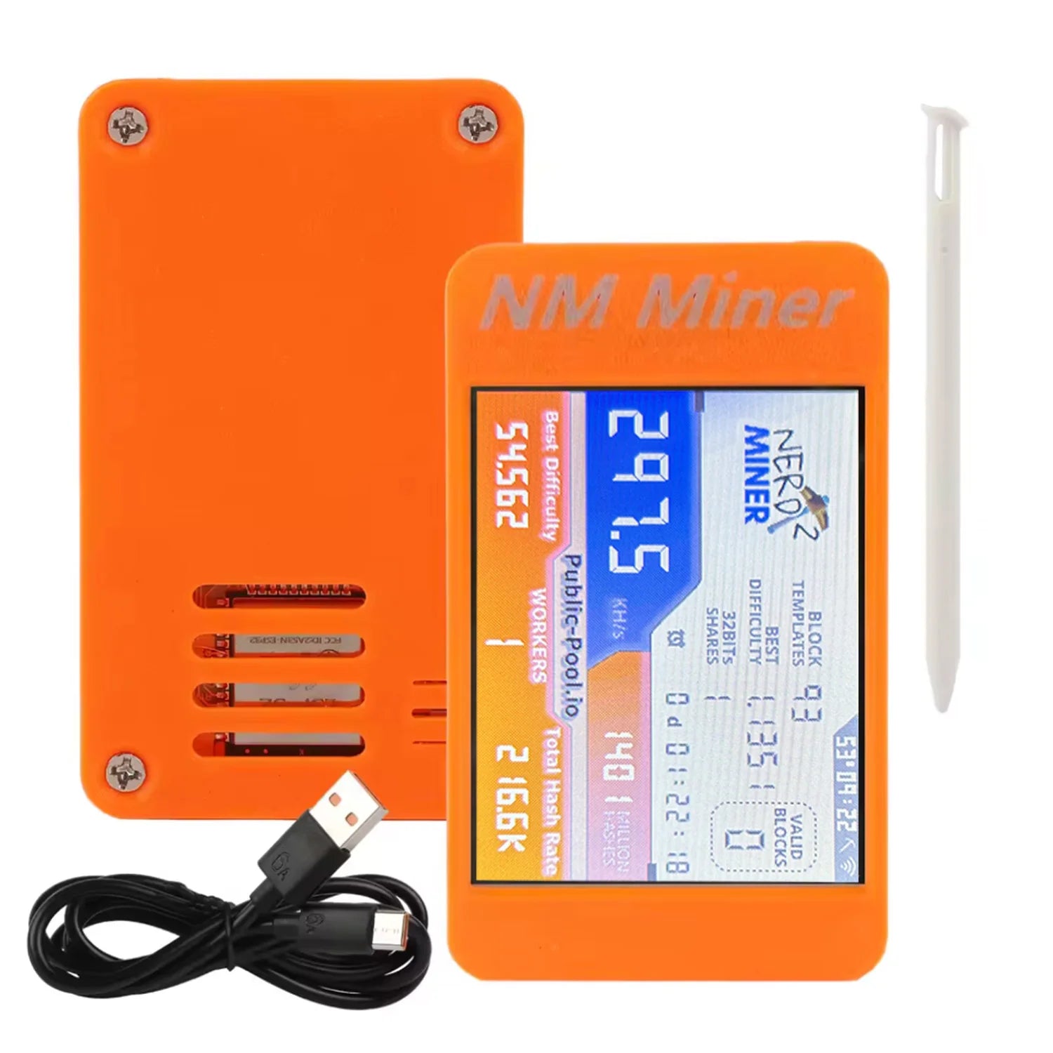 Close-up of the ESP32-2432S028R board and cooling setup on the NerdMiner V2.