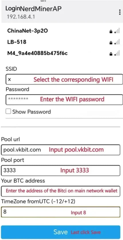 Log in NerdMiner AP WIFI configuration screen with input fields for password, pool URL, port, BTC address, and timezone.
