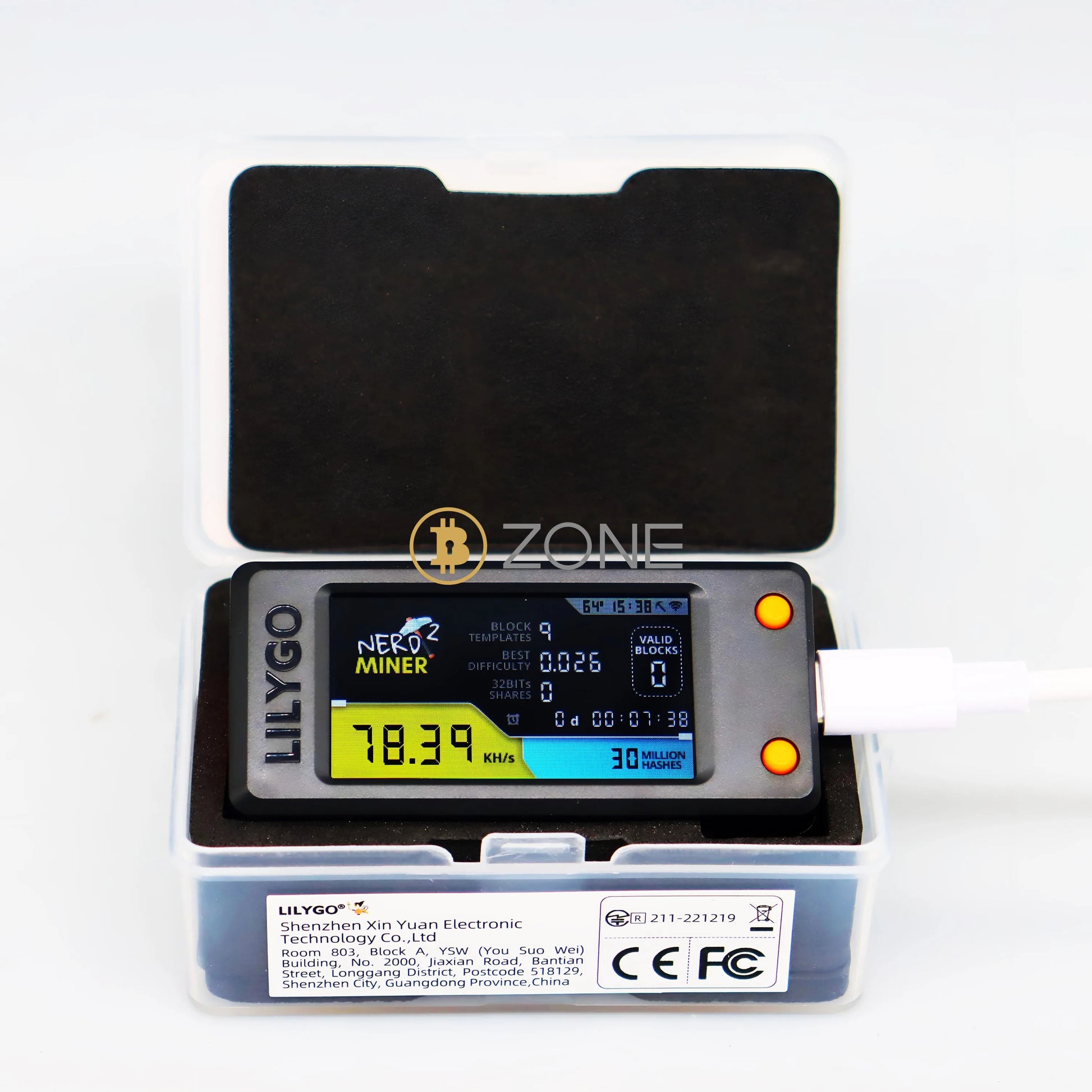 NerdMiner V2 Bitcoin solo miner in black and silver casing displaying 78KH/s hashrate.