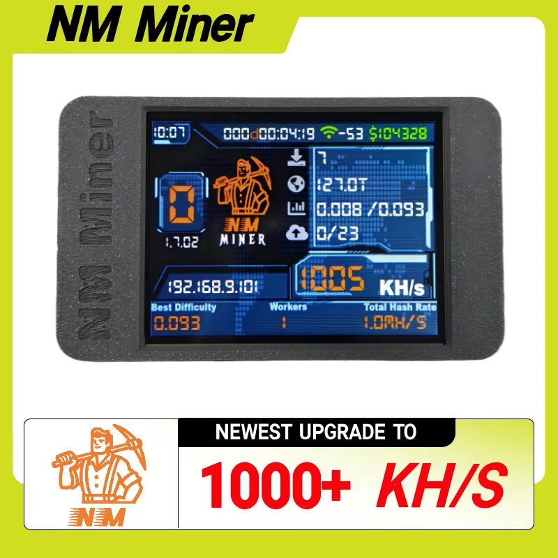 NMMiner NerdMiner V2 ESP32-2432S028R featuring a 2.8-inch smart display showing 1000KH/s Bitcoin lottery hashrate.