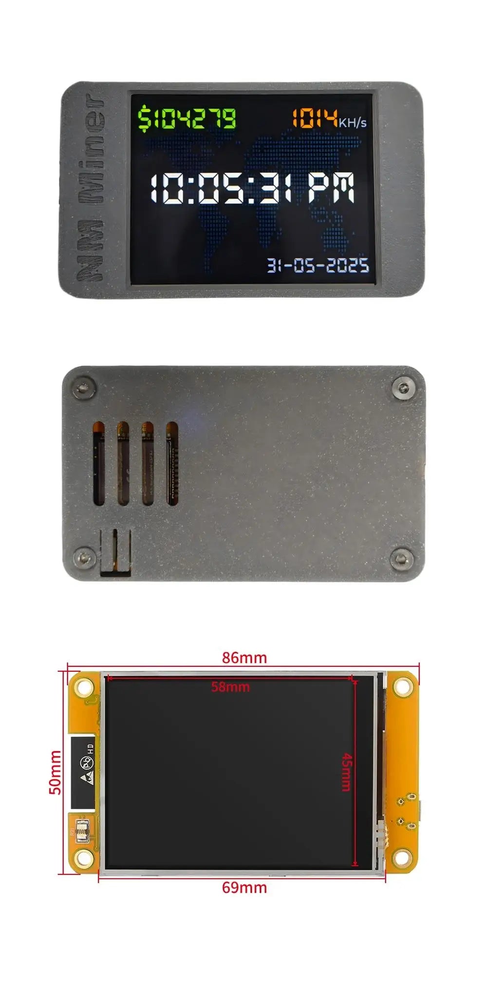 Compact NerdMiner ESP32-WROOM-32 module housing with easy-access user keys and sleek 3D printed finish shown at different angles.