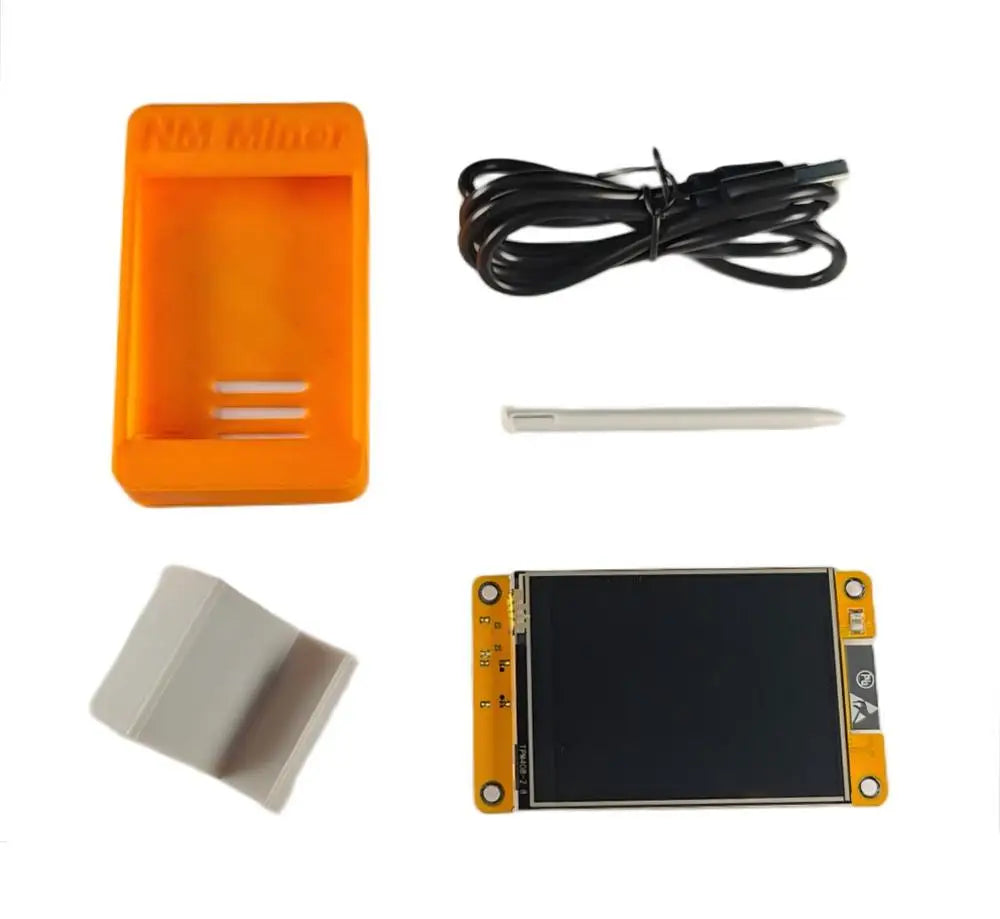 NerdMiner displaying device with included components and parts.