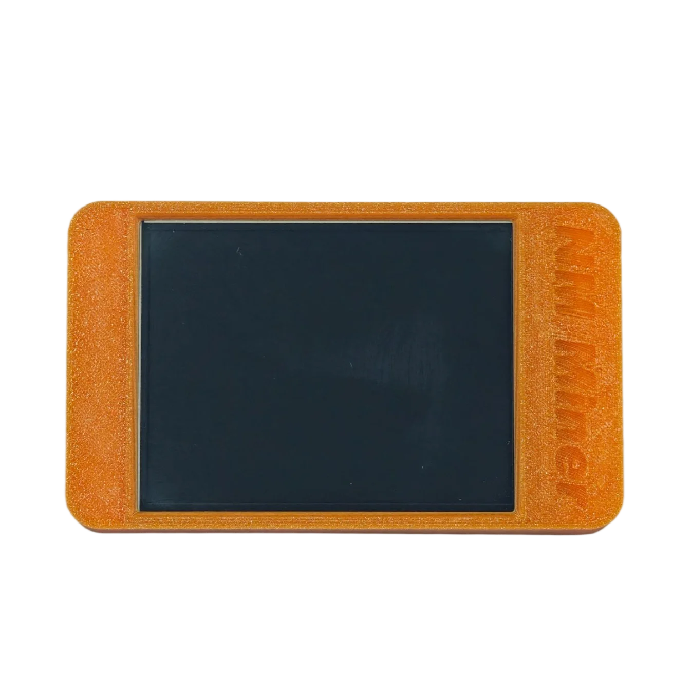 Compact NerdMiner ESP32-WROOM-32 module housing in orange with easy-access user keys and sleek 3D printed finish.