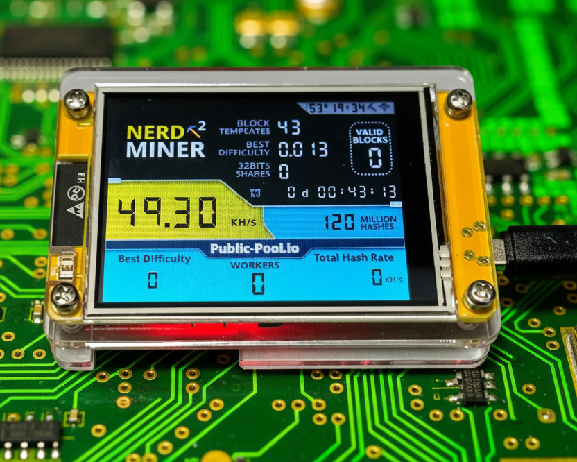 NerdMiner device on a circuit board with digital display