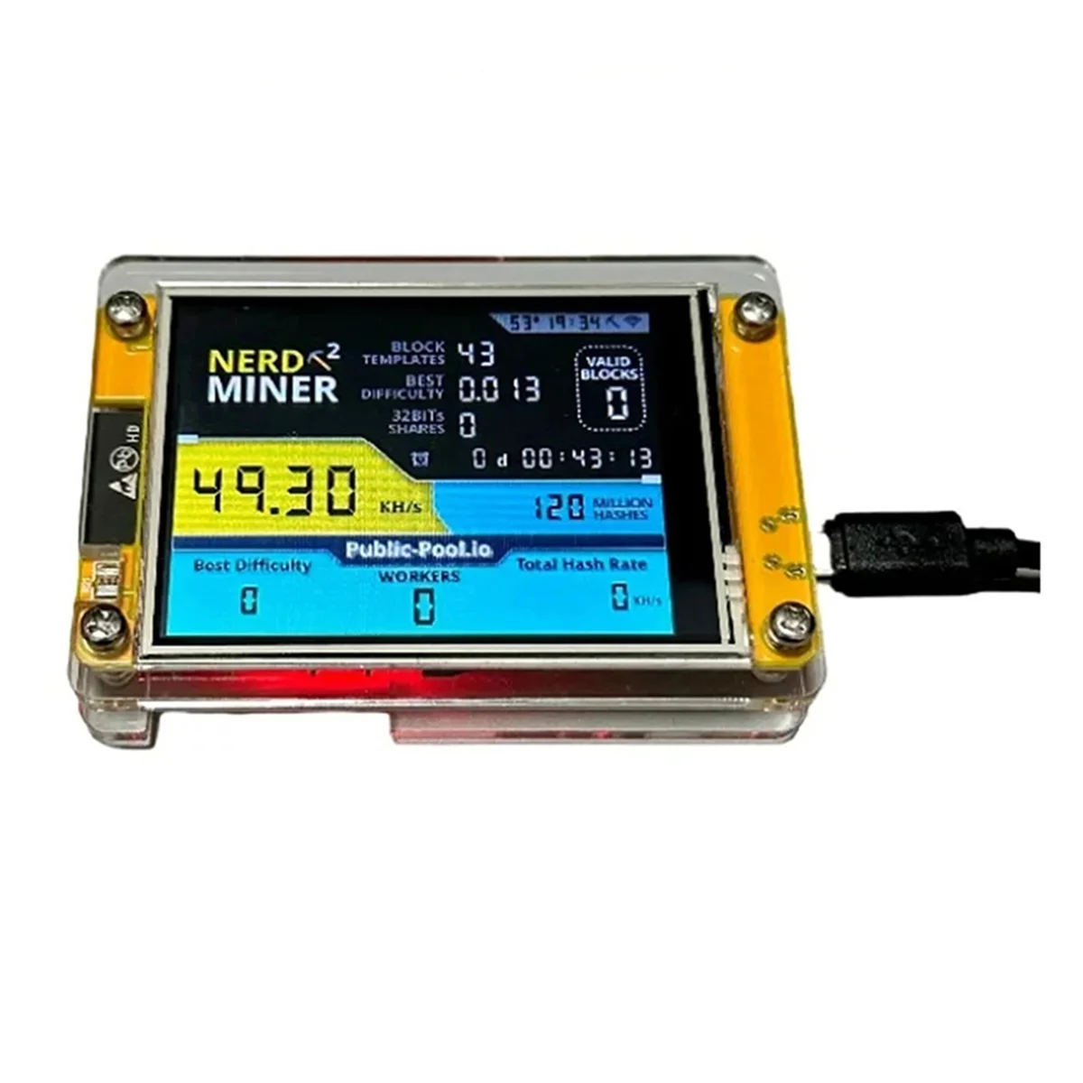 NerdMiner v2 device with activated digital display mining on a white background.