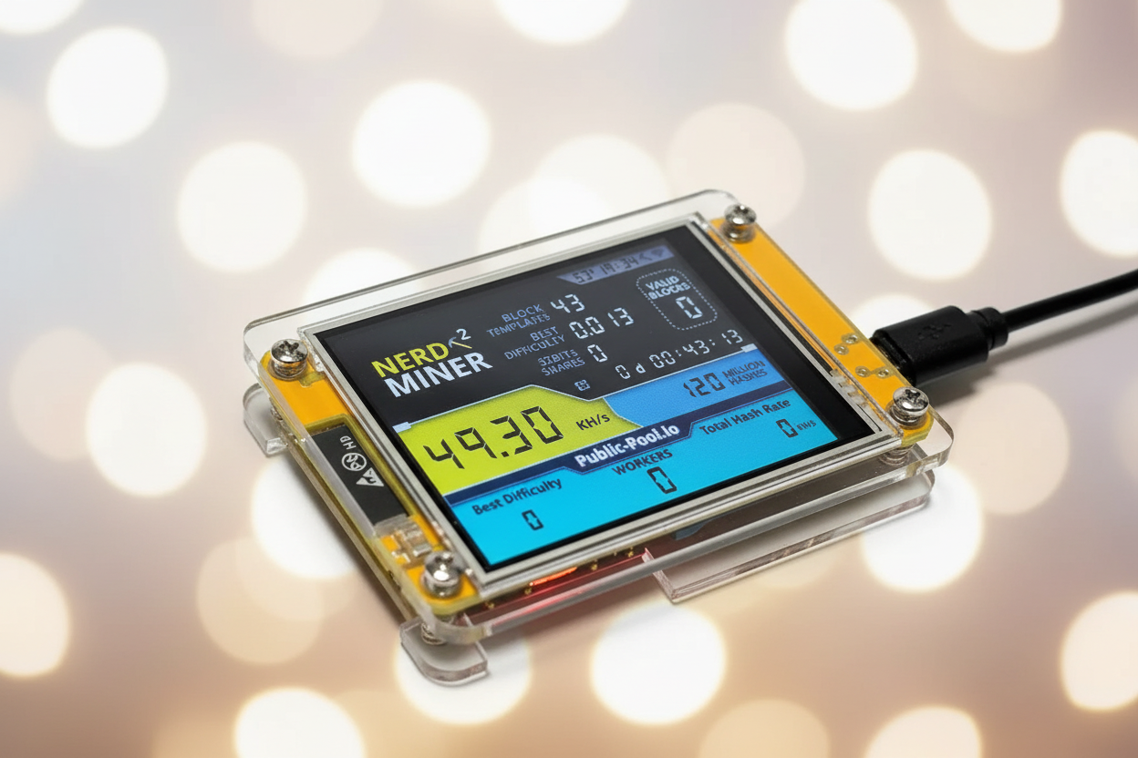 NerdMiner activated device with digital display on a blurred light background
