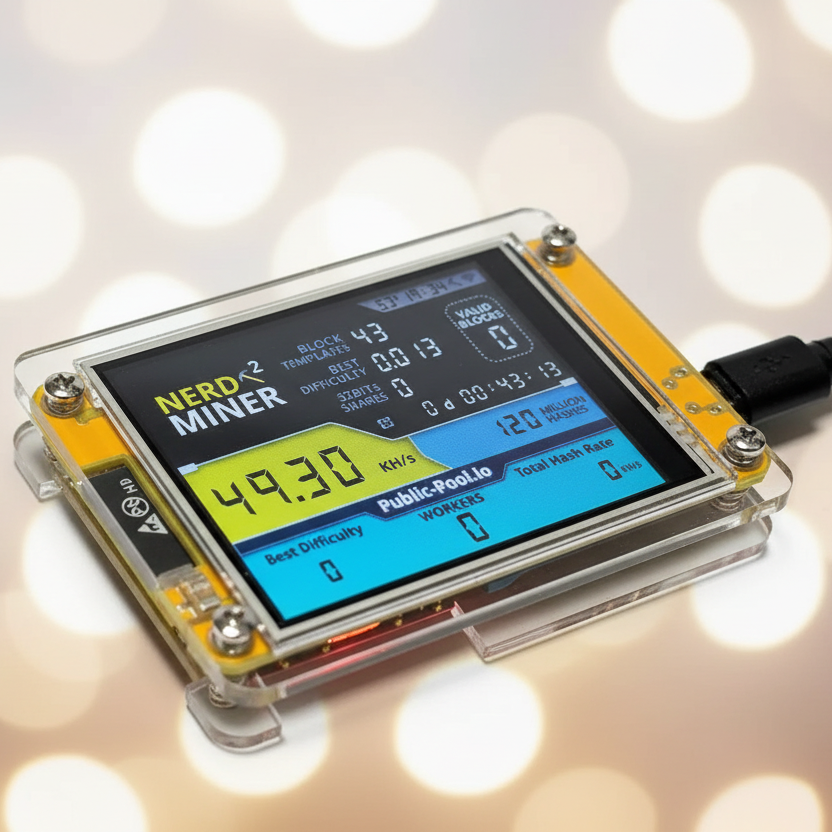 NerdMiner v2 device with activated digital display mining on a blurred circuit dev board background.
