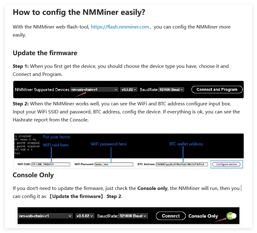 Instructions on how to configure NMMiner with a web flash tool