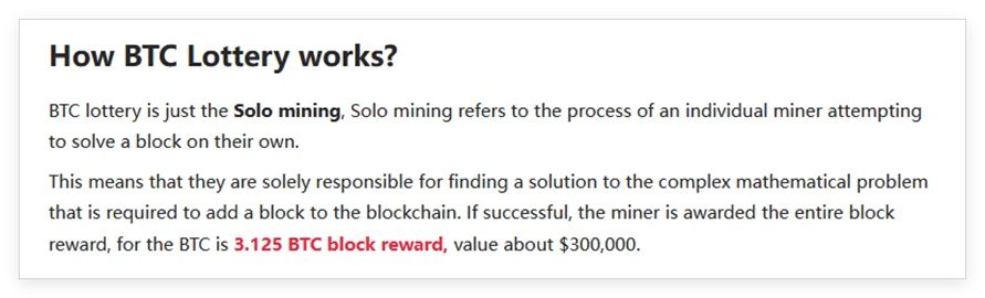 FAQ's text explaining how BTC Lottery works with Bitcoin mining concepts.