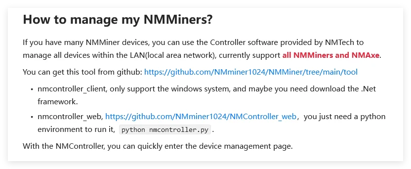 Text explaining how to manage NMMiners using Controller software by NMTech.