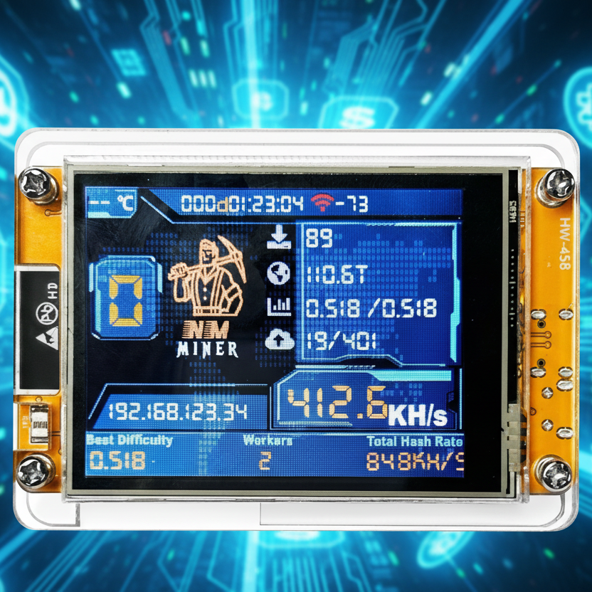 NerdMiner v2 DROOM with a digital smart display on a futuristic blue background