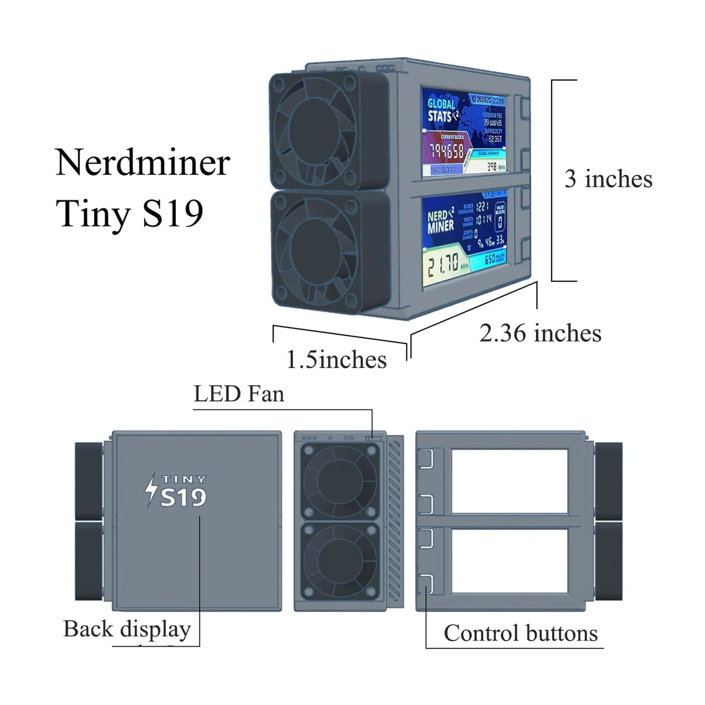 Nerdminder Tiny S19 device with dimensions and features labeled on a white background