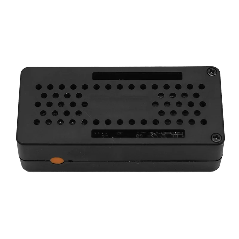 Black electronic device with ventilation holes on a white background