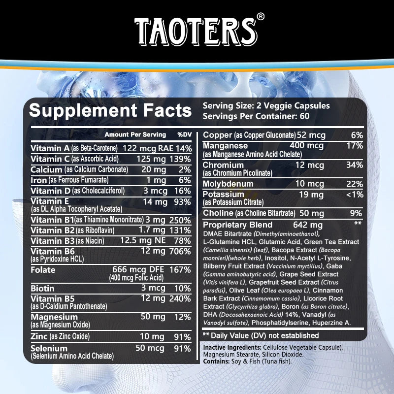 Supplement label with detailed nutritional information on a blue background