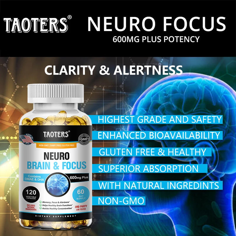 Neuro Focus multivitamin and multimineral supplement bottle with brain illustration and product features on a dark background
