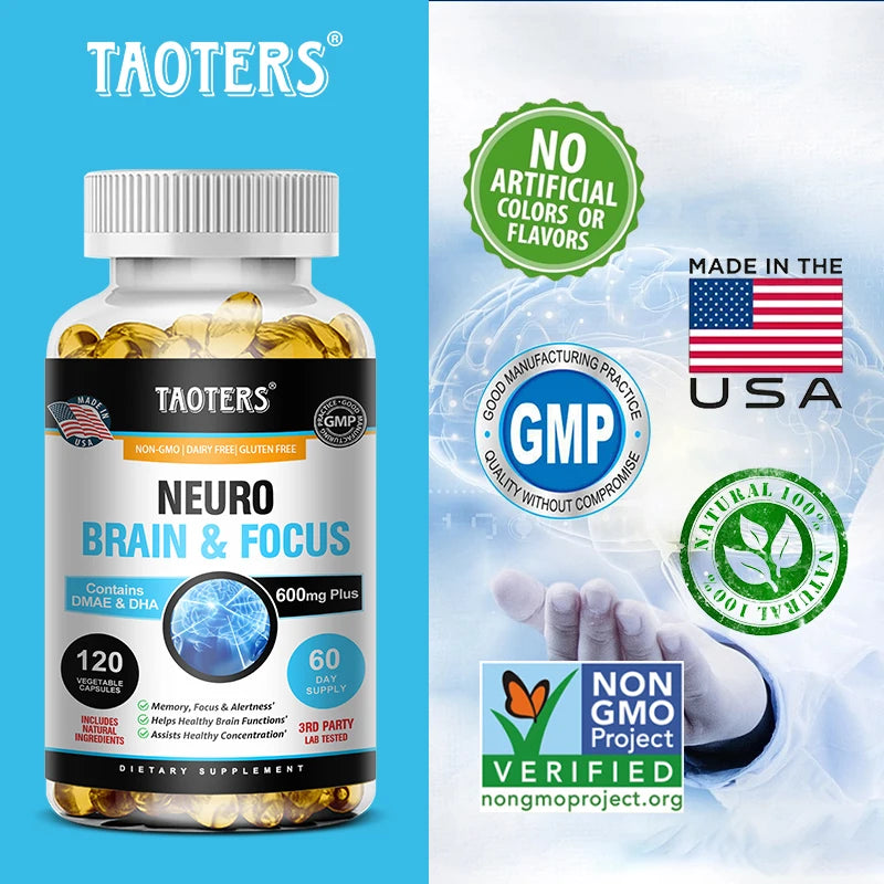 Neuro Brain & Focus supplement bottle with certification logos on a blue background