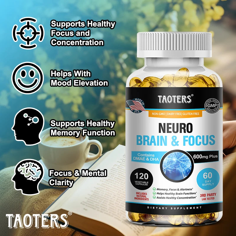 Neuro Brain & Focus supplement bottle with benefits listed on a blurred background