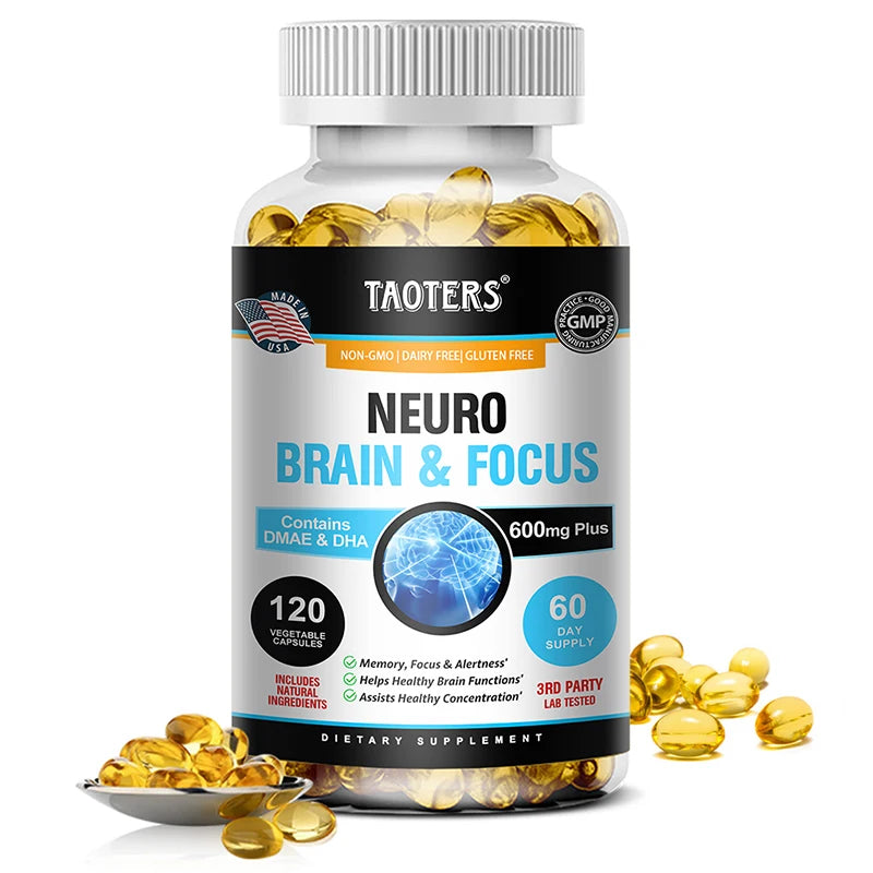 Bottle of Neuro Brain & Focus supplement with capsules on a white background