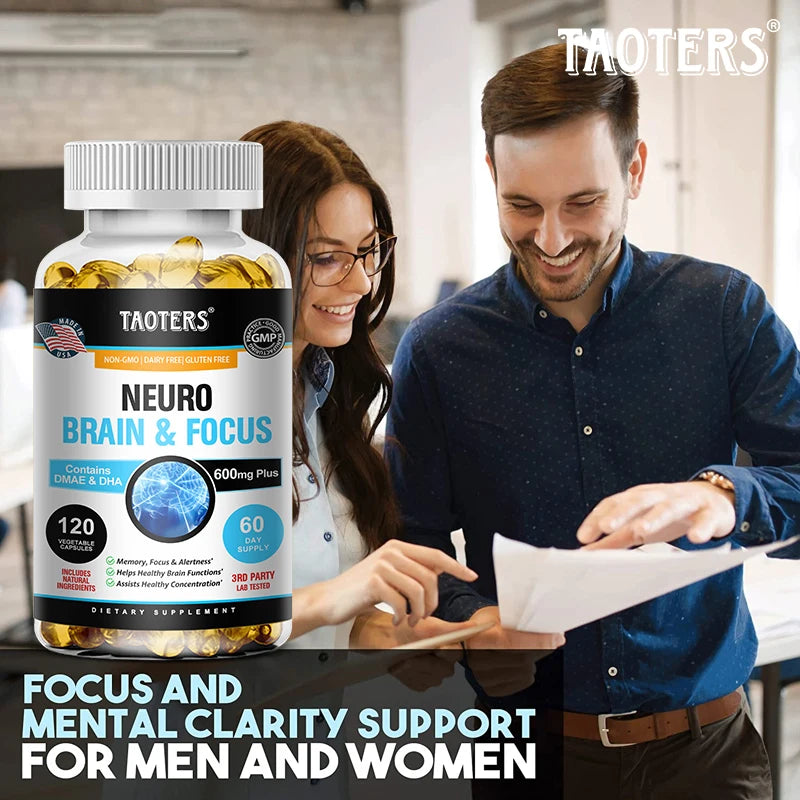 Bottle of Taoters Neuro Brain & Focus supplement with a man and woman in a kitchen setting.