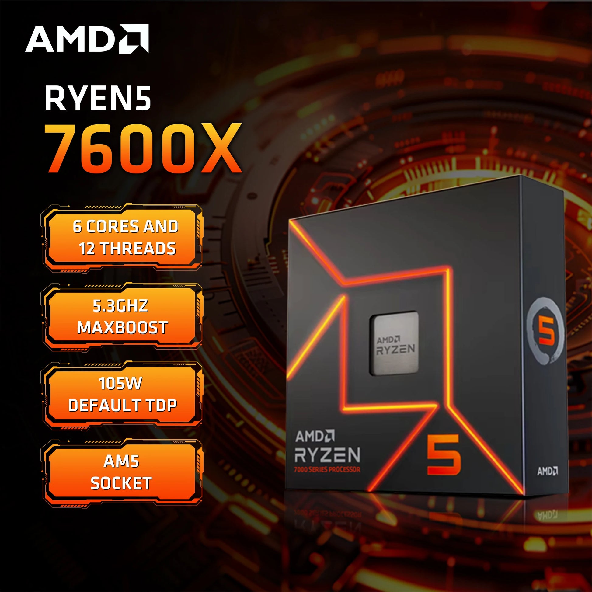AMD Ryzen 5 7600X processor packaging with specifications on a dark background