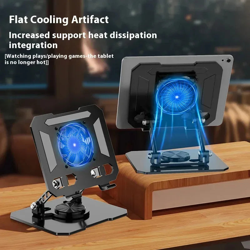 Tablet cooling stand with blue LED fans on a wooden surface
