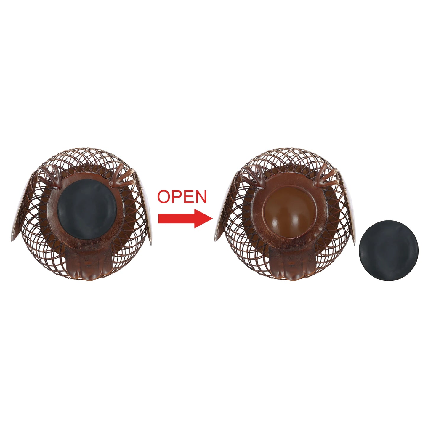 Two brown mesh containers with a black lid, one open with an arrow labeled 'OPEN', on a white background.