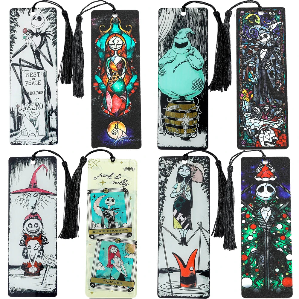 Set of Nightmare Before Christmas themed bookmarks, featuring different characters from the film with tassels over a white background.