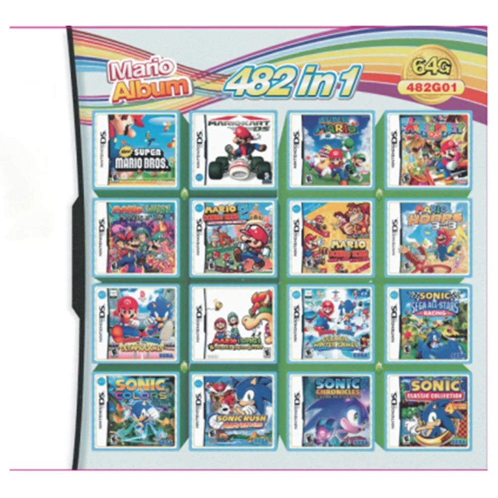 Mario album with 482 games on a colorful background